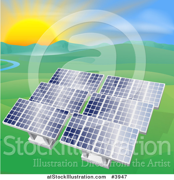 Vector Illustration of Solar Panels in a Hilly Landscape with a Stream and Sunset