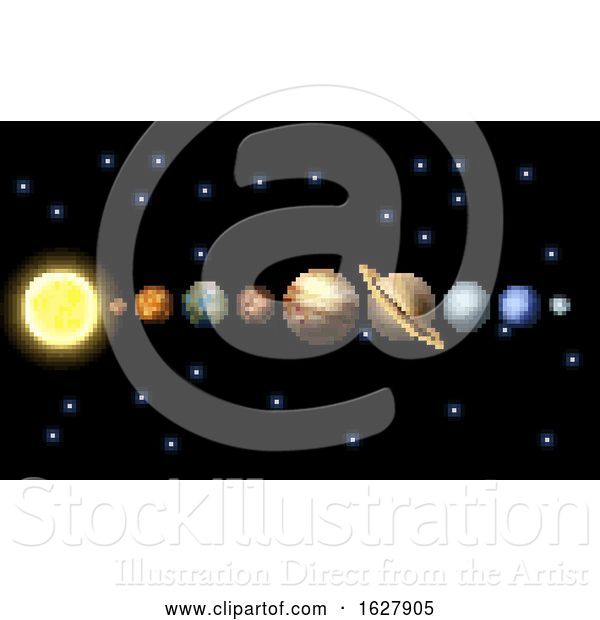 Vector Illustration of Solar System 8 Bit Arcade Video Game Pixel Art