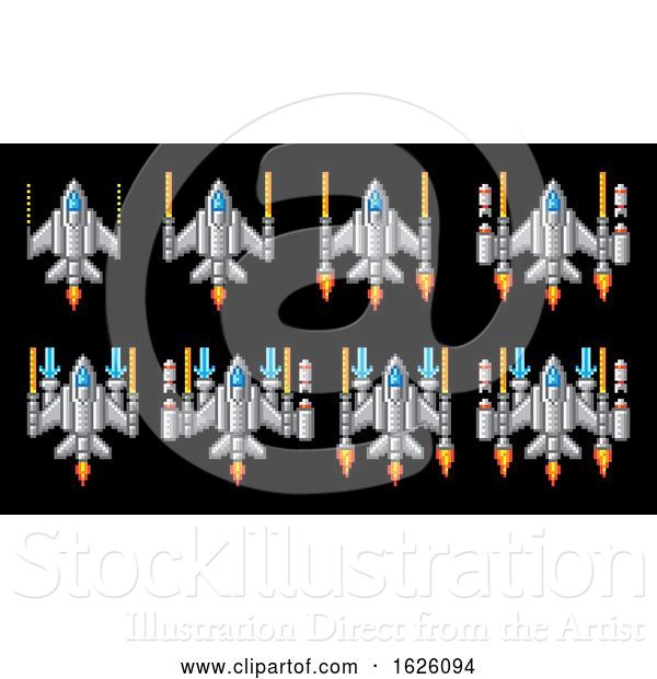 Vector Illustration of Space Ship Pixel Art Video Arcade Game