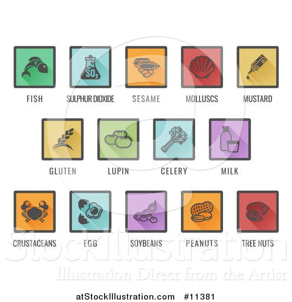 Vector Illustration of Square Colored Icons of Major Allergens