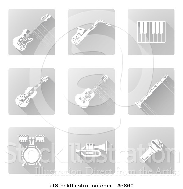 Vector Illustration of Square White and Gray Music Instrument Icons