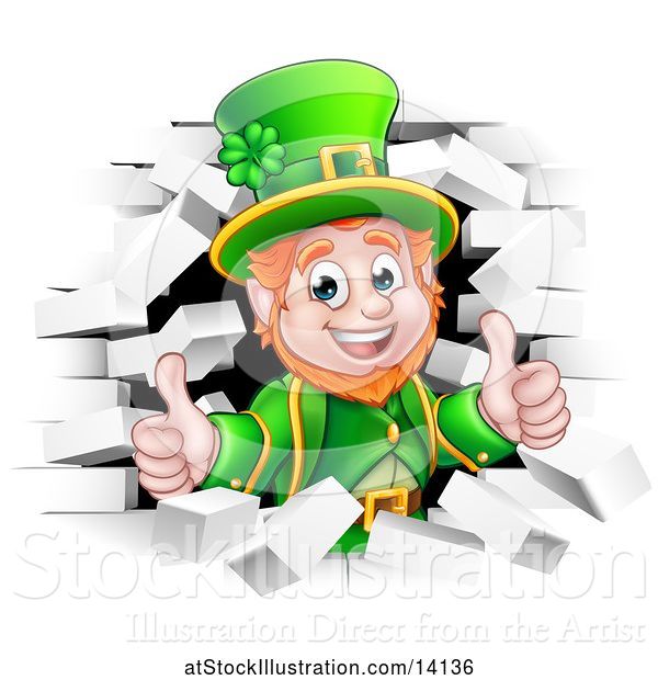 Vector Illustration of St Patricks Day Leprechaun Giving Two Thumbs up and Breaking Through White Brick Wall