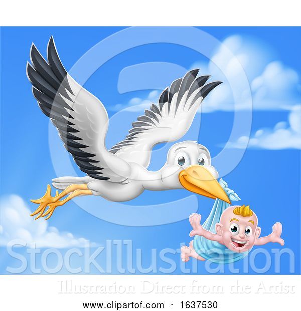 Vector Illustration of Stork Pregnancy Myth Bird with Baby Boy