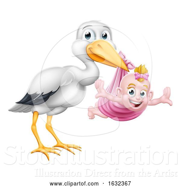 Vector Illustration of Stork Pregnancy Myth Bird with Baby Girl