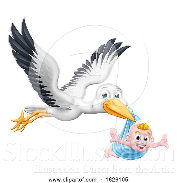 Vector Illustration of Stork Pregnancy Myth Bird with New Baby