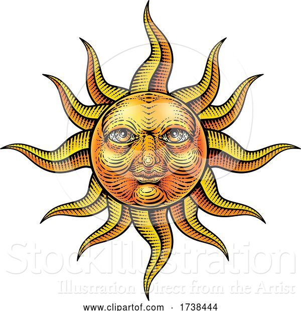 Vector Illustration of Sun Face Woodcut Drawing Retro Vintage Engraving