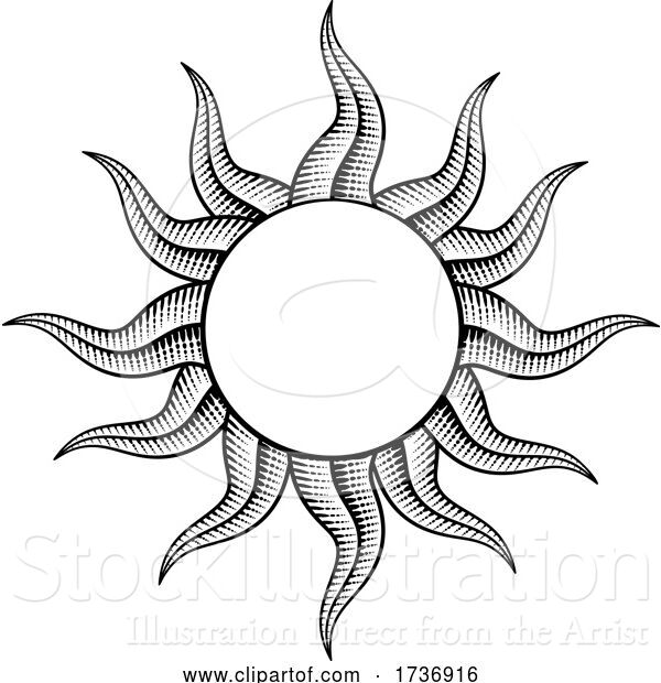 Vector Illustration of Sun Outline Woodcut Vintage Engraving Design