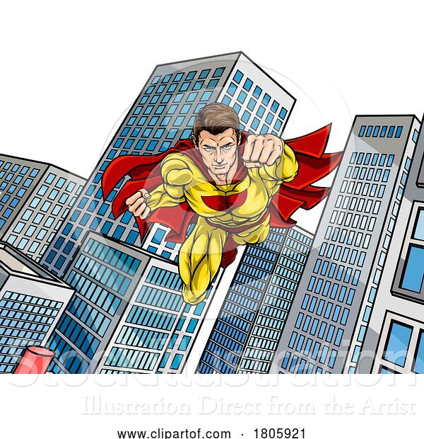 Vector Illustration of Super Hero Flying City Comic Book Superhero Pose