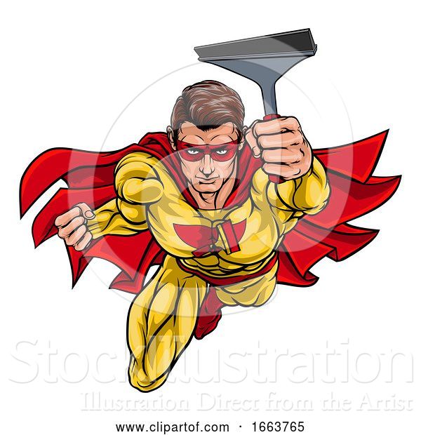 Vector Illustration of Super Window Cleaner Superhero Holding Squeegee
