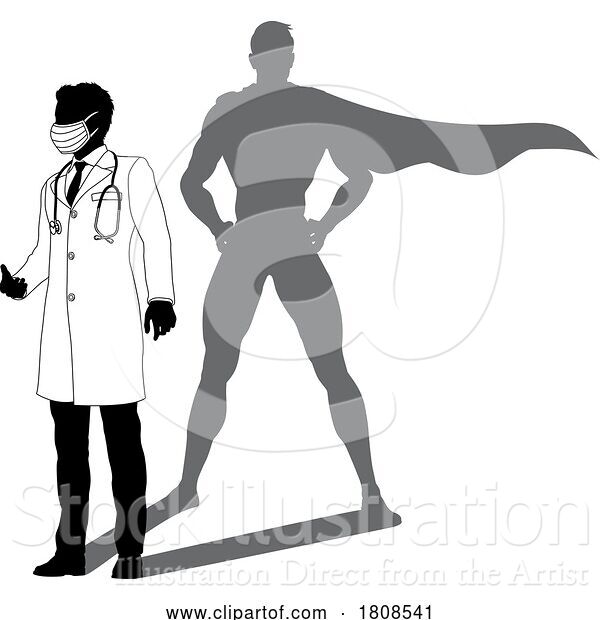 Vector Illustration of Superhero Doctor with Super Hero Shadow Silhouette