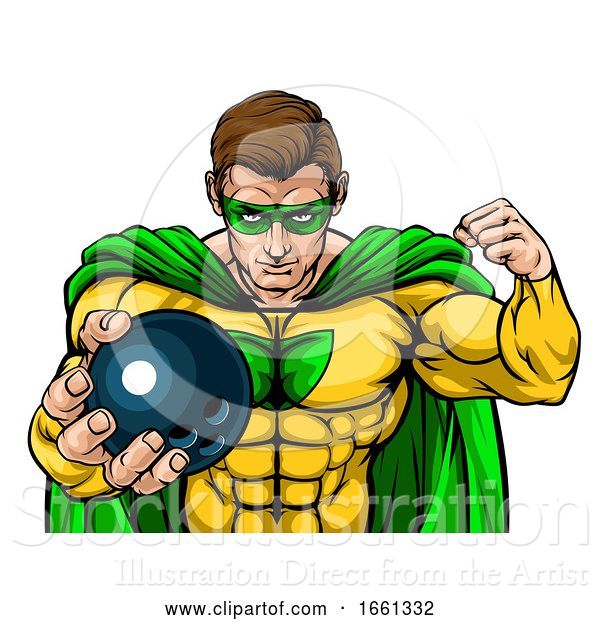 Vector Illustration of Superhero Holding Bowling Ball Sports Mascot