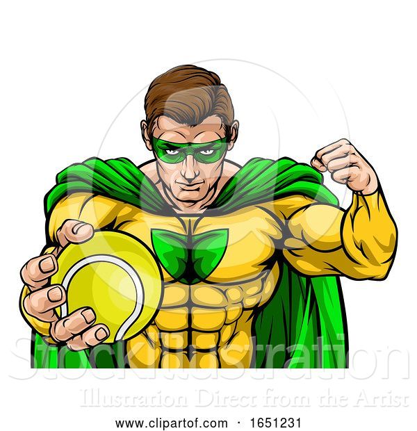 Vector Illustration of Superhero Holding Tennis Ball Sports Mascot