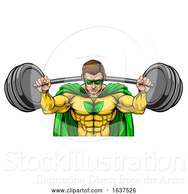 Vector Illustration of Superhero Mascot Weightlifter Lifting Big Barbell