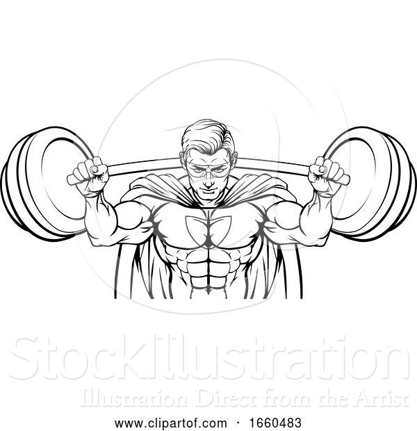 Vector Illustration of Superhero Mascot Weightlifter Lifting Big Barbell