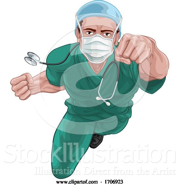 Vector Illustration of Superhero Nurse Doctor in Scrubs Flying Super Hero