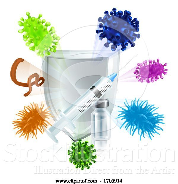 Vector Illustration of Syringe and Vial Vaccine Shield Protection Concept