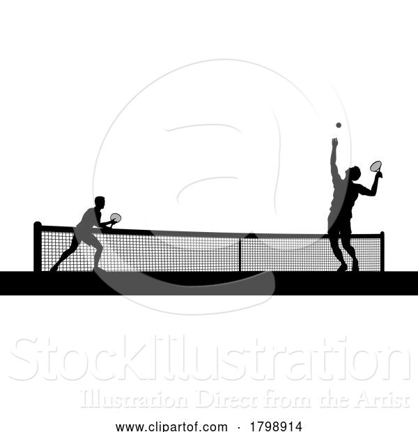Vector Illustration of Tennis Men Playing Match Silhouette Players Scene