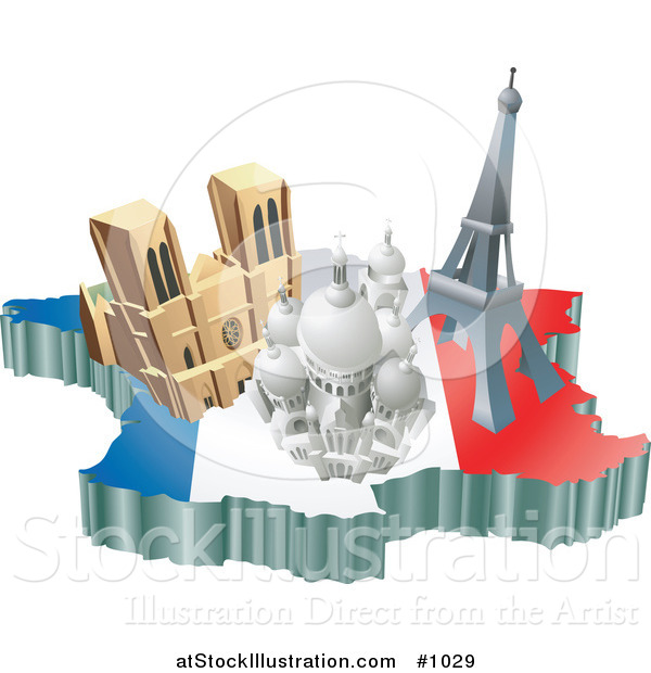 Vector Illustration of the Basilica of the Sacred Heart, Eiffel Tower, and the Notre Dame De Paris Cathedral