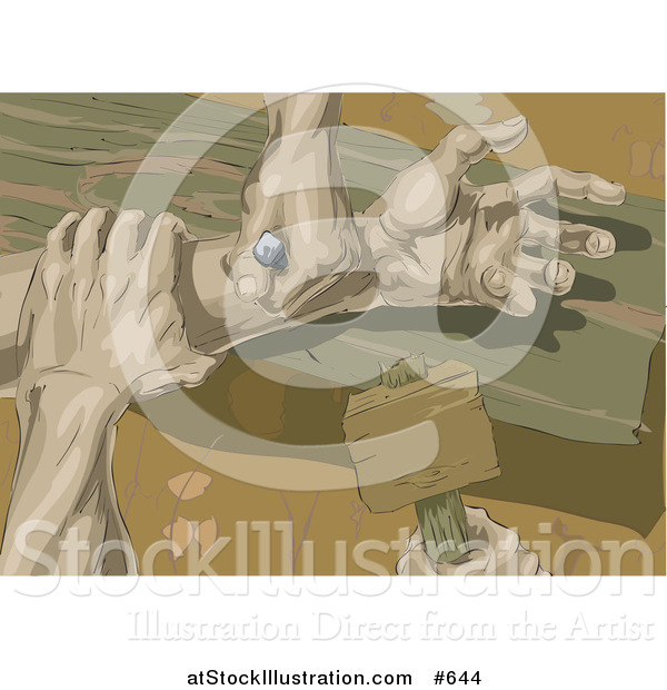 Vector Illustration of the Hands of Jesus Being Nailed to the Wooden Cross