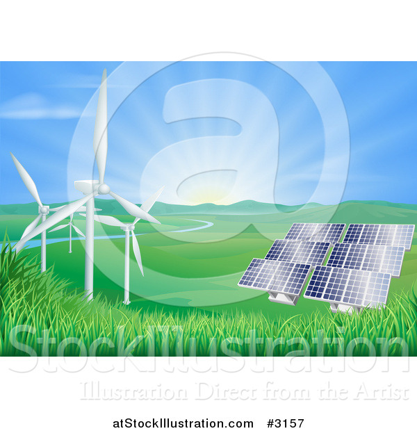 Vector Illustration of the Sun Shining over a Valley with Solar Panels and Wind Energy Turbines