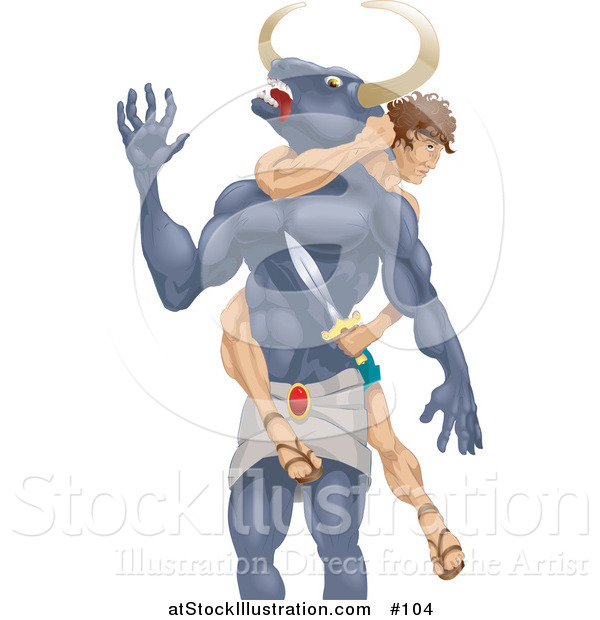 Vector Illustration of Theseus Slaying the Minotaur with a Sword
