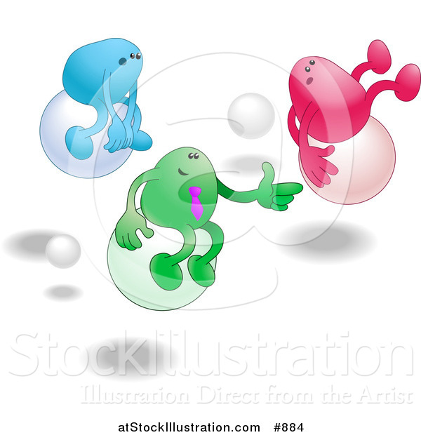 Vector Illustration of Three Bean Characters, One Blue, Green and Pink, Racing Eachother While Bouncing on Balls Clipart Illustration