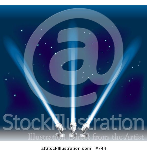 Vector Illustration of Three Bright Searchlights Shining into the Blue Night Sky