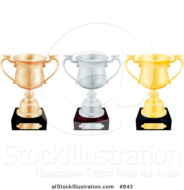 Vector Illustration of Three Trophy Cups, Bronze, Silver and Gold, Lined up in a Row over a White Background