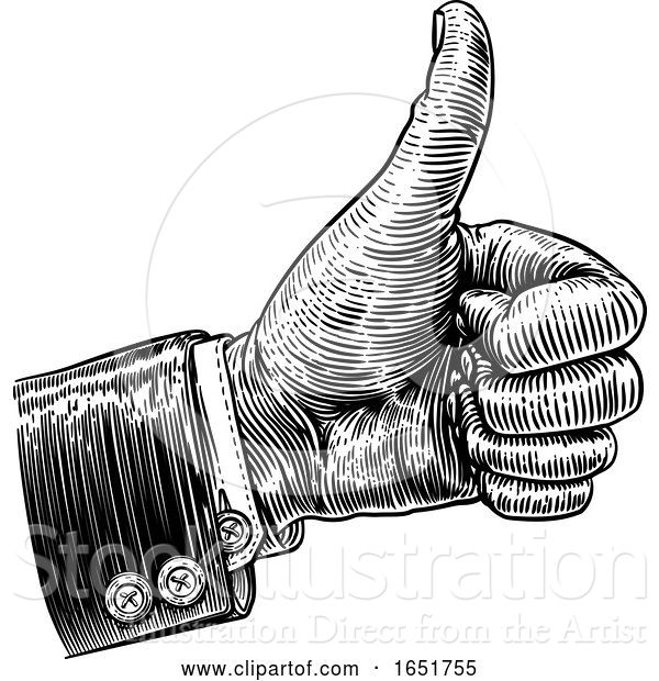 Vector Illustration of Thumbs up Hand Sign Vintage Retro Woodcut