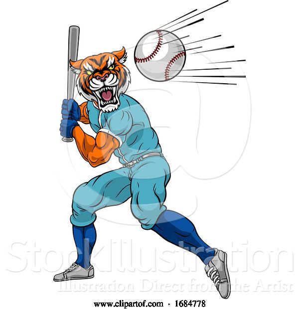 Vector Illustration of Tiger Baseball Player Mascot Swinging Bat at Ball