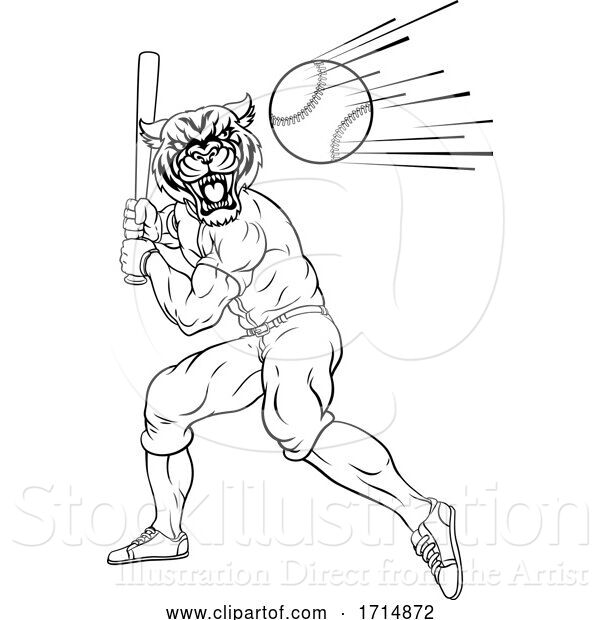 Vector Illustration of Tiger Baseball Player Mascot Swinging Bat at Ball