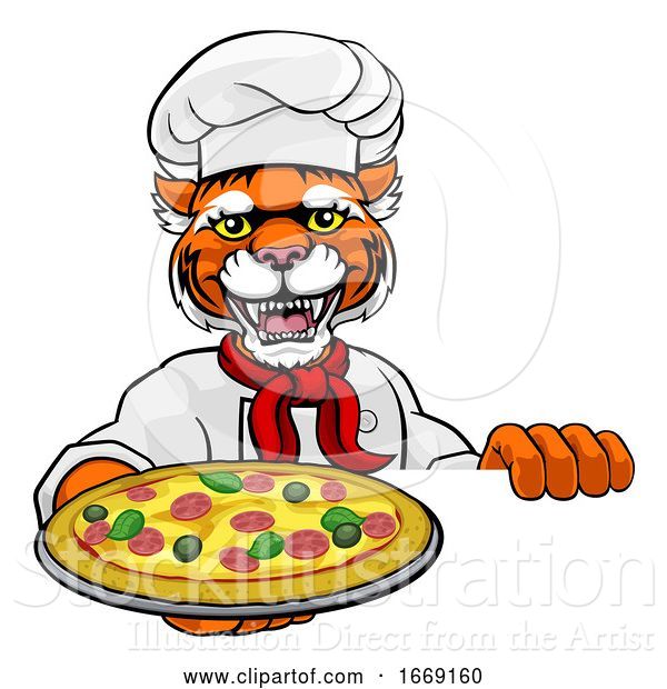 Vector Illustration of Tiger Pizza Chef Restaurant Mascot Sign