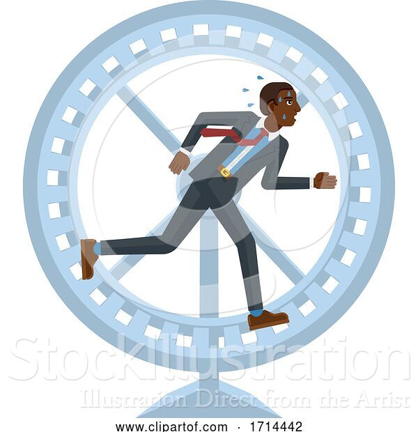 Vector Illustration of Tired Stressed Businessman Running Hamster Wheel