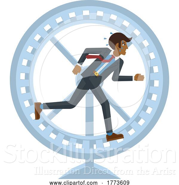 Vector Illustration of Tired Stressed Businessman Running Hamster Wheel