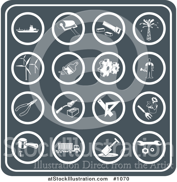 Vector Illustration of Tool Icons Including a Ship, Paint Roller, Saw, Oil, Turbines, Paintbrush, Cogs, Handyman, Pliers, Brick Laying, Gardening, Hammering, Trucking, and Hand Tools