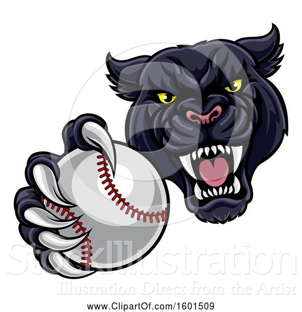 Vector Illustration of Tough Black Panther Monster Mascot Holding out a Baseball in One Clawed Paw