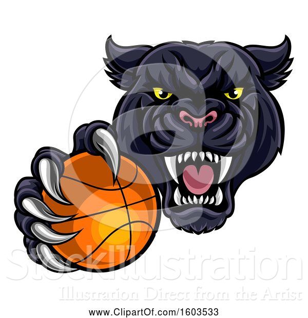 Vector Illustration of Tough Black Panther Monster Mascot Holding out a Basketball in One Clawed Paw