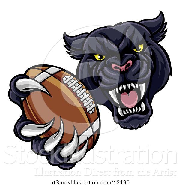 Vector Illustration of Tough Black Panther Monster Mascot Holding out a Football in One Clawed Paw