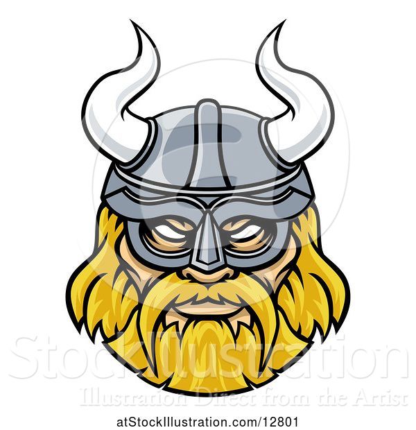 Vector Illustration of Tough Blond Male Viking Warrior Face Wearing a Horned Helmet