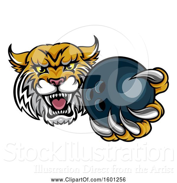 Vector Illustration of Tough Bobcat Lynx Monster Mascot Holding out a Bowling Ball in One Clawed Paw