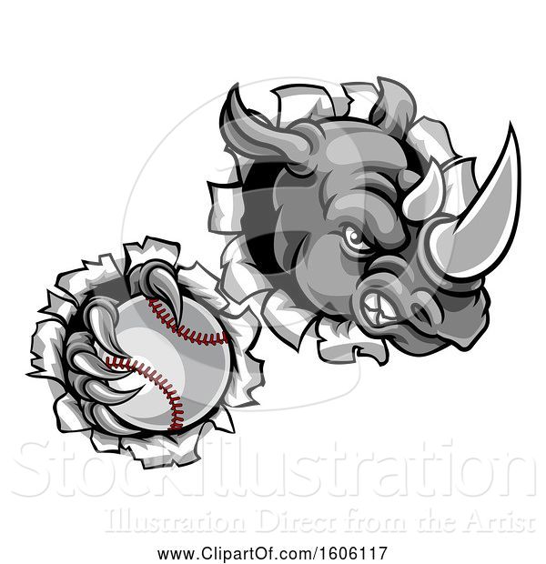 Vector Illustration of Tough Rhino Monster Mascot Holding a Baseball in One Clawed Paw and Breaking Through a Wall
