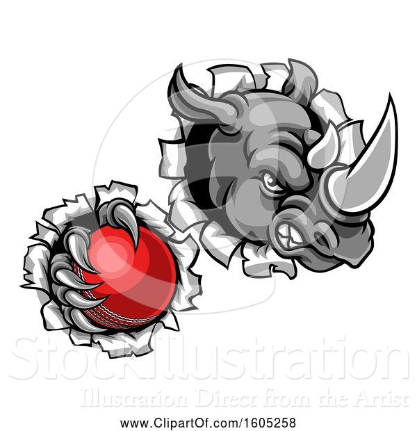 Vector Illustration of Tough Rhino Monster Mascot Holding a Cricket Ball in One Clawed Paw and Breaking Through a Wall