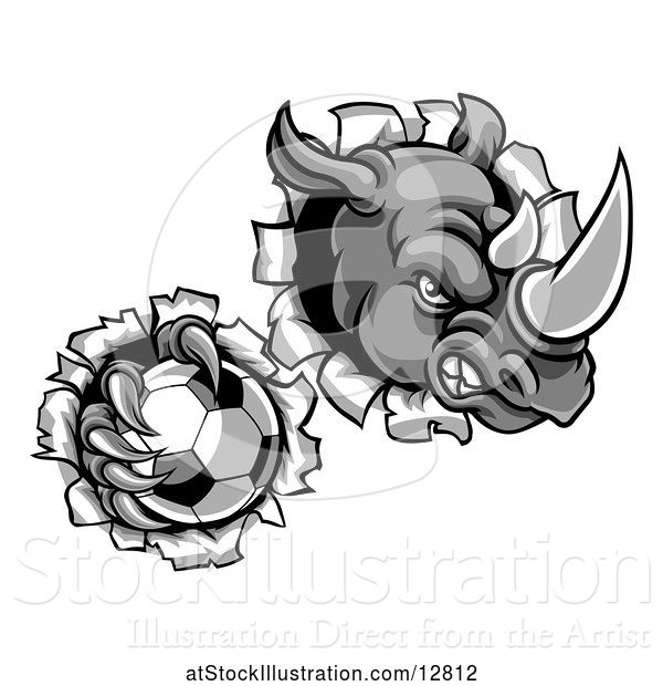 Vector Illustration of Tough Rhino Monster Mascot Holding a Soccer Ball in One Clawed Paw and Breaking Through a Wall