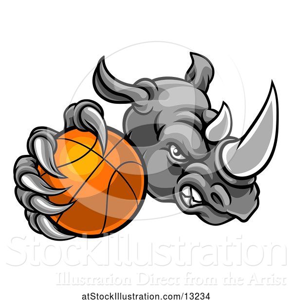 Vector Illustration of Tough Rhino Monster Mascot Holding out a Basketball in One Clawed Paw