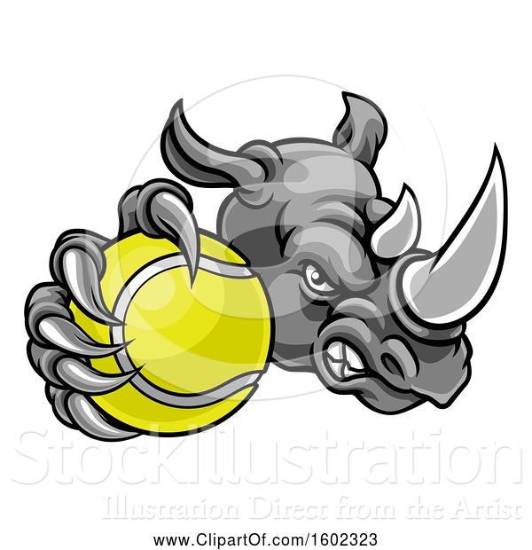 Vector Illustration of Tough Rhino Monster Mascot Holding out a Tennis Ball in One Clawed Paw