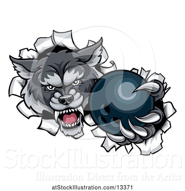 Vector Illustration of Tough Wolf Mascot Holding out a Bowling Ball in One Clawed Paw