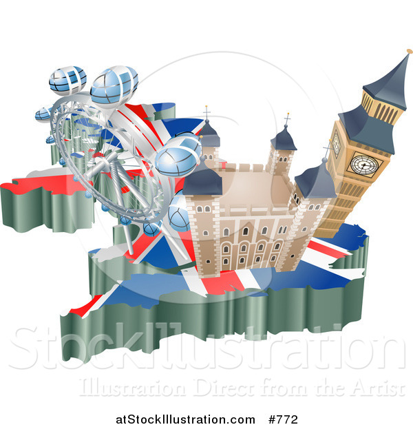 Vector Illustration of Tourist Attractions in the United Kingdom the London Eye Millennium Wheel, Big Ben and Tower of London