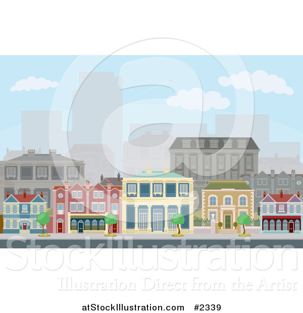 Vector Illustration of Townhomes on an Urban Street Scene with City Skyscrapers in the Distance