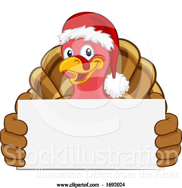 Vector Illustration of Turkey in Santa Hat Christmas Holding Sign