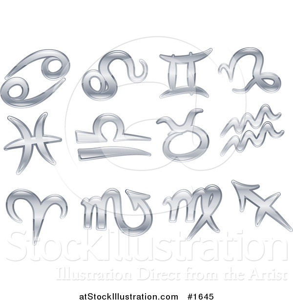 Vector Illustration of Twelve Shiny Silver Libra, Gemini, Sagittarius, Capricorn, Virgo, Aquarius, Aries, Scorpio, Cancer, Taurus, Pisces, and Leo Zodiac Astrology Symbols